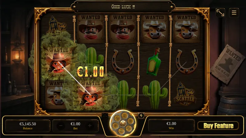 Book of Far West base game: a Wild West 5x3 reel set with a winning line of cowgirl symbols and a 1 euro win