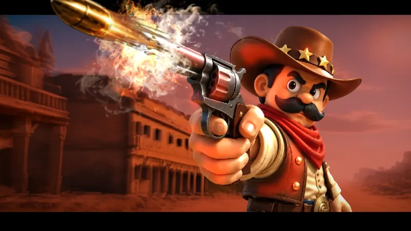 Cinematic free-spins intro: a sheriff faces the camera on a desert main street