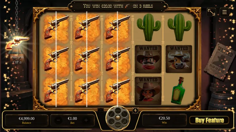 Free spins round: the revolver special symbol expands to fill three reels for a 20 euro win