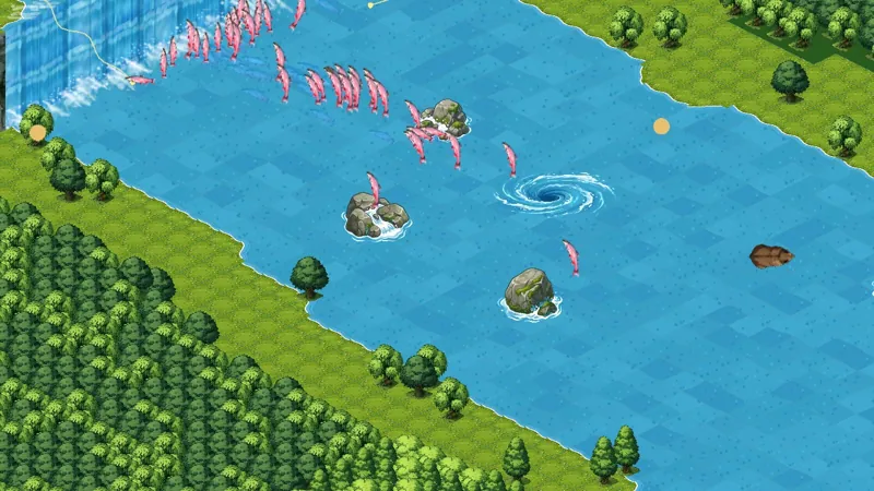 A school of salmon swimming upstream past rocks and a whirlpool, with a bear wading in the river