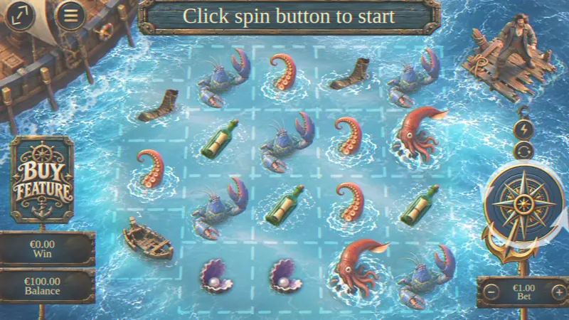 Ways on Waves board: five reels of 3, 4, 4, 4 and 4 rows over open sea, with crabs, squid, bottles and shells