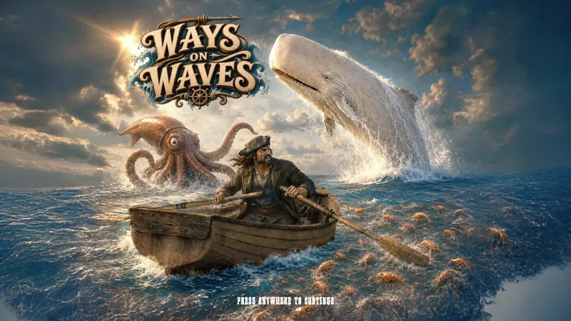 Ways on Waves title art: a sailor rows a small boat as a giant squid and a white whale break the waves